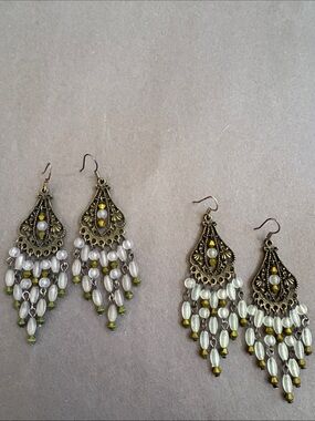 Antique Brass Filigree Chandelier Earrings with lavender and blue Olive Beads